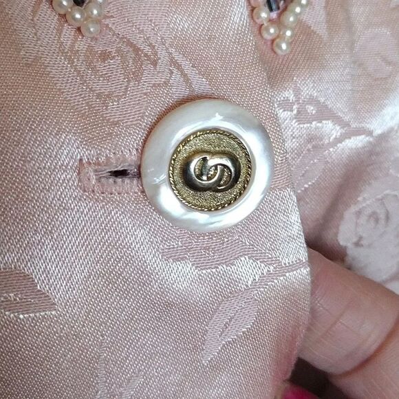 VTG 80s Pink Floral Satin Beaded Pearl Applique Button Up Cottagecore Blouse XL - Picture 10 of 17